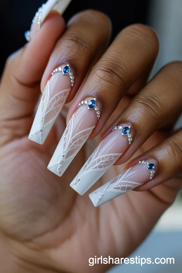 White Lace and Sapphire Gem Coffin Nail Art