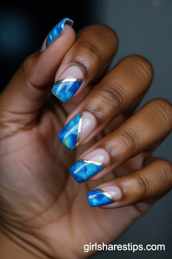 Blue Opal and Gold Detail Square Nails