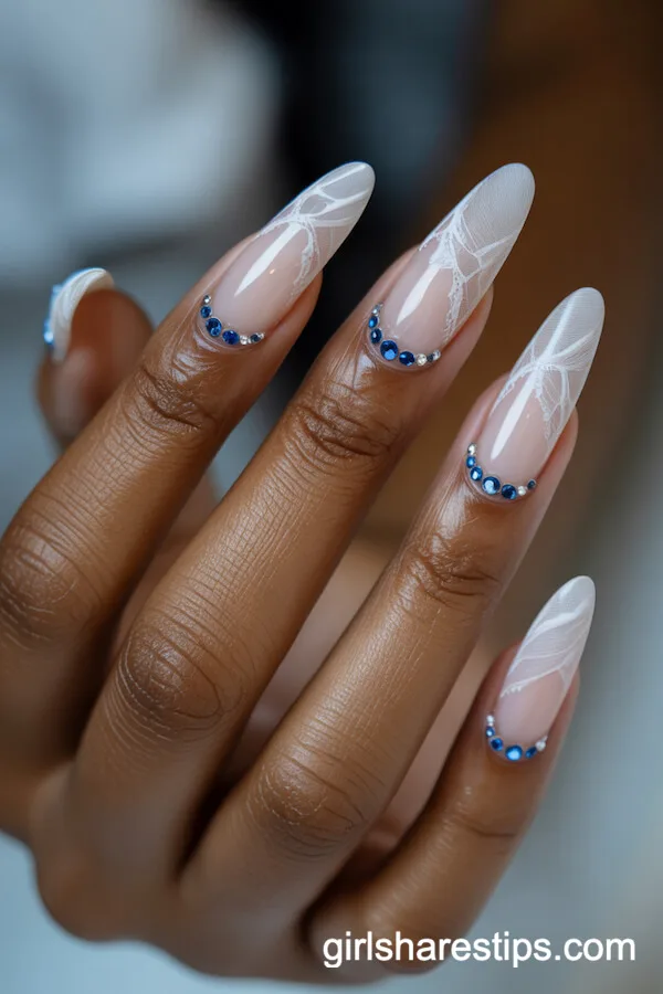 Sheer White Lace Veil Almond Nails With Blue Gems
