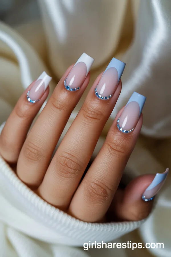 French Fade Ombre Coffin Nails With Blue Swarovski Crystals