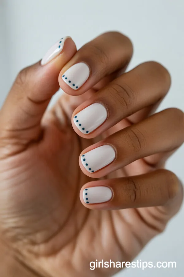 Minimalist White Nails With Navy Blue Dots