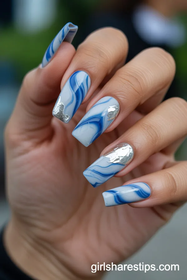 Marbleized Long Square Nails With Silver Foil