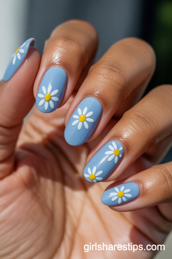 Baby Blue Oval Nails With White Daisy Flowers