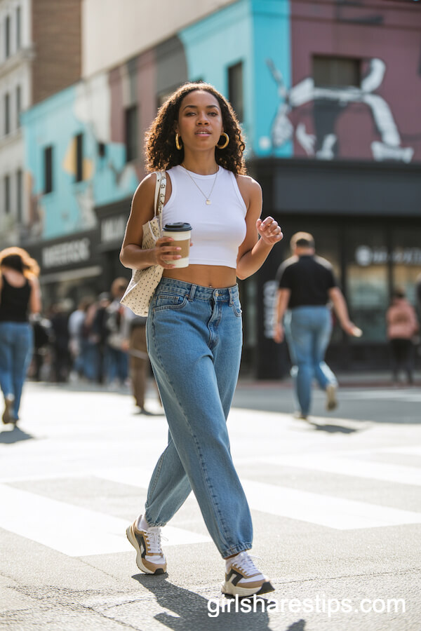 Blue Baggy Jeans with White Crop Top and Chunky Sneakers