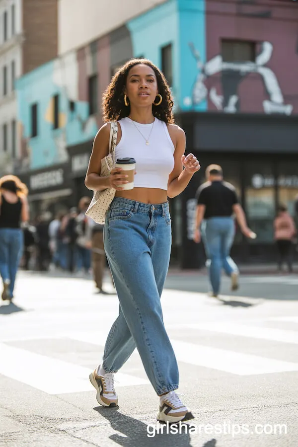 Blue Baggy Jeans with White Crop Top and Chunky Sneakers