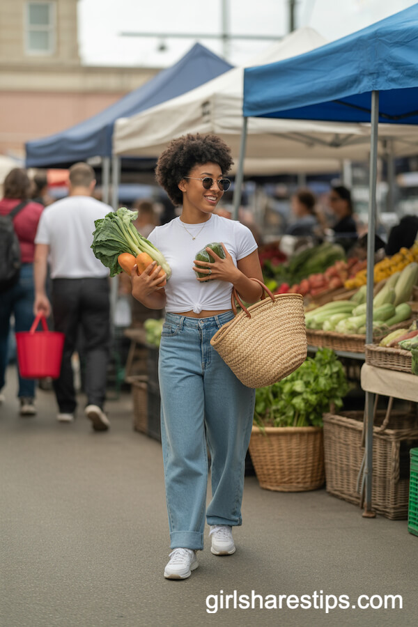 Blue Baggy Jeans with White T-Shirt and Straw Tote