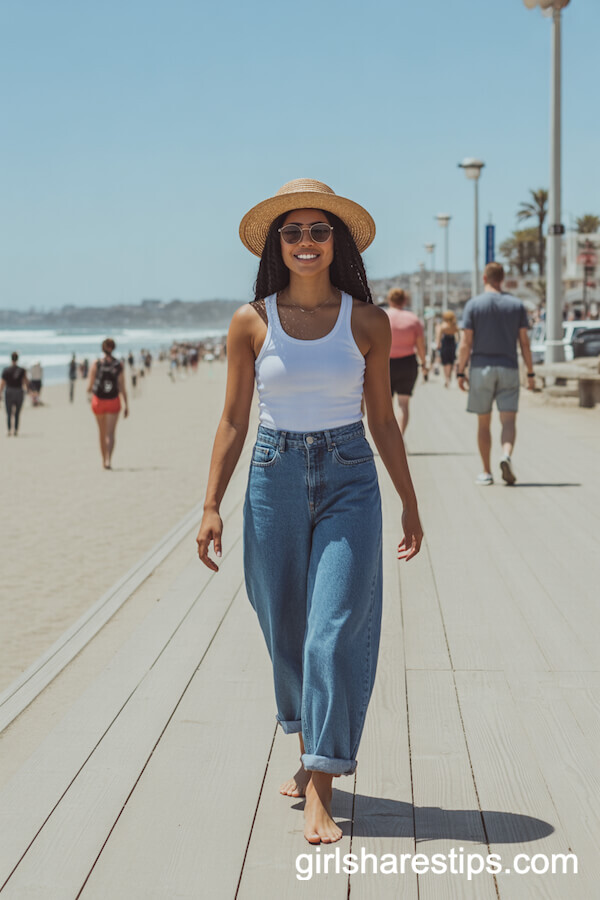 Blue Baggy Jeans with White Tank Top and Straw Hat