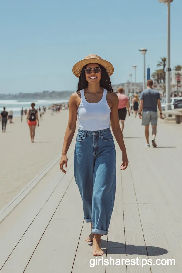 Blue Baggy Jeans with White Tank Top and Straw Hat