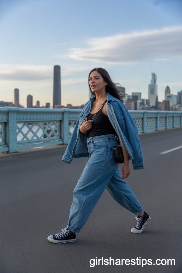 Blue Baggy Jeans with Fitted Tank and Oversized Denim Jacket