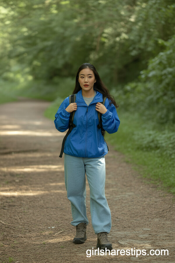 Blue Baggy Jeans with Sporty Windbreaker and Hiking Boots