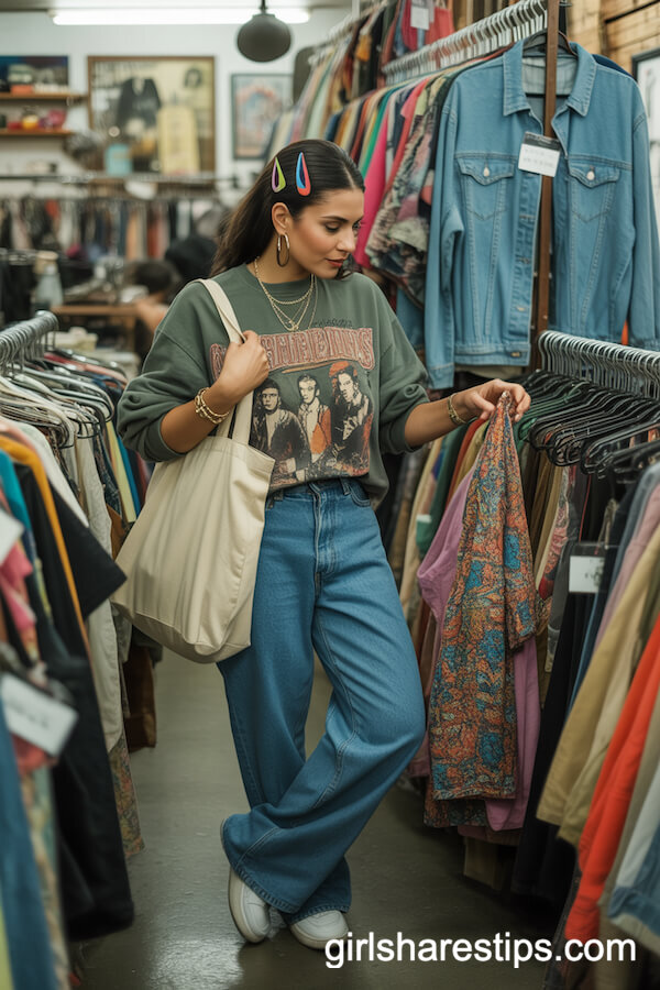 Blue Baggy Jeans with Vintage Graphic Sweater and Sneakers