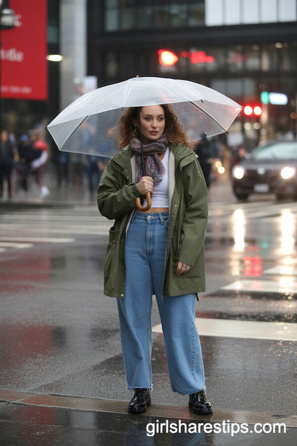 Blue Baggy Jeans with Water-Resistant Parka and Cozy Scarf
