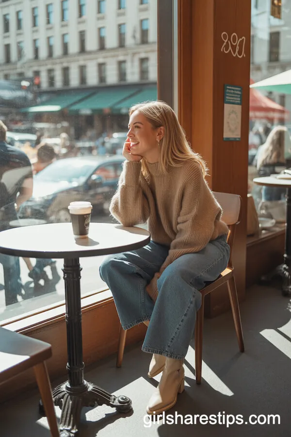 Blue Baggy Jeans with Oversized Beige Sweater and Ankle Boots