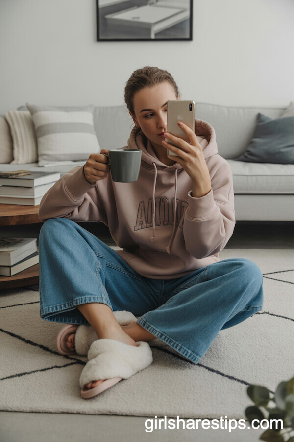 Blue Baggy Jeans with Oversized Hoodie and Fuzzy Slippers