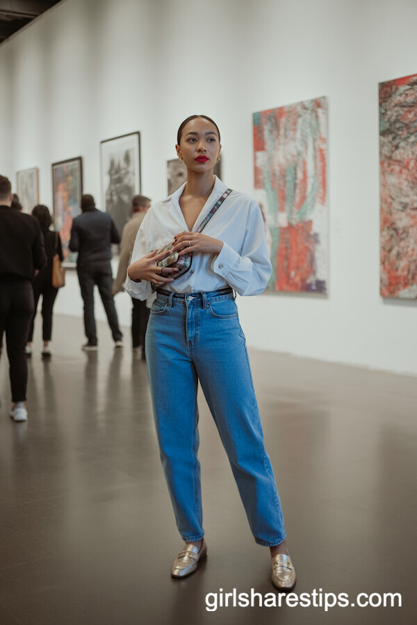 Blue Baggy Jeans with White Blouse and Sleek Loafers