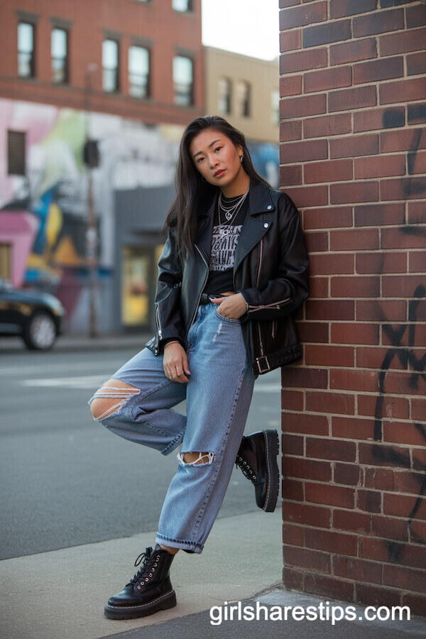 Blue Baggy Jeans with Black Leather Jacket and Combat Boots