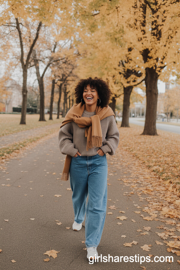 Blue Baggy Jeans with Cozy Knit Sweater and Tan Scarf