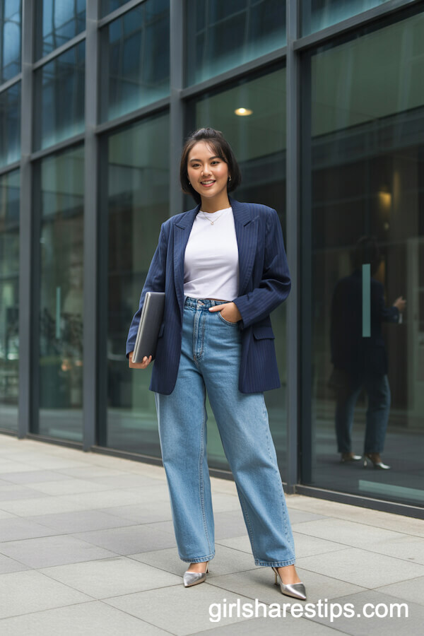 Blue Baggy Jeans with Blazer and Pointed Toe Heels