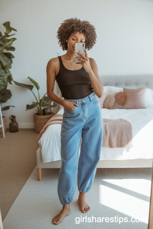 Blue Baggy Jeans with Black Fitted Tank Top