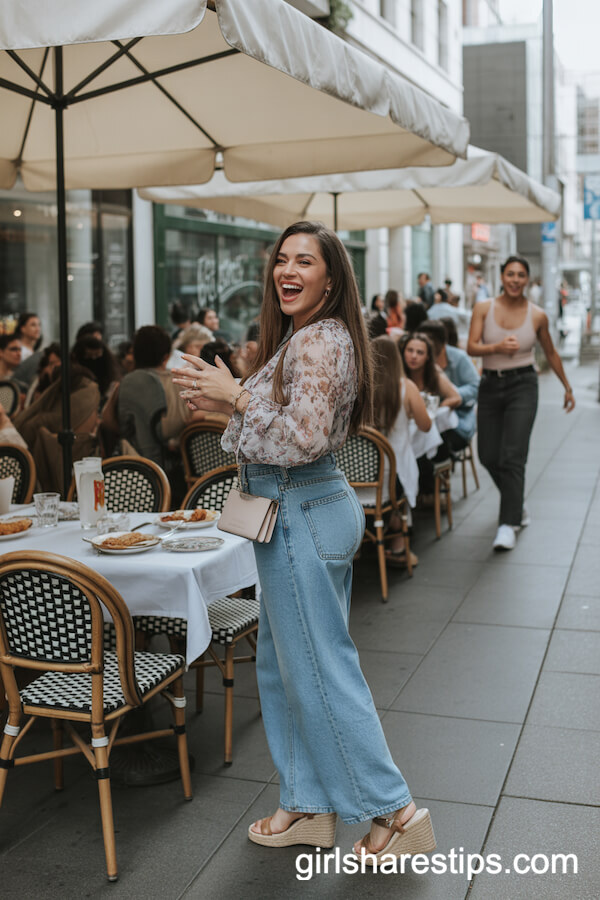 Blue Baggy Jeans with Floral Blouse and Wedge Sandals