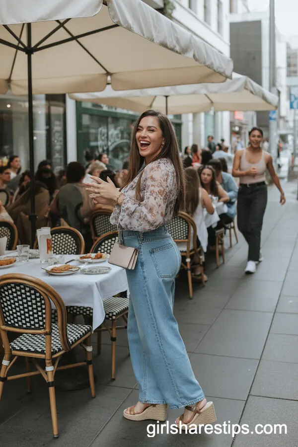 Blue Baggy Jeans with Floral Blouse and Wedge Sandals