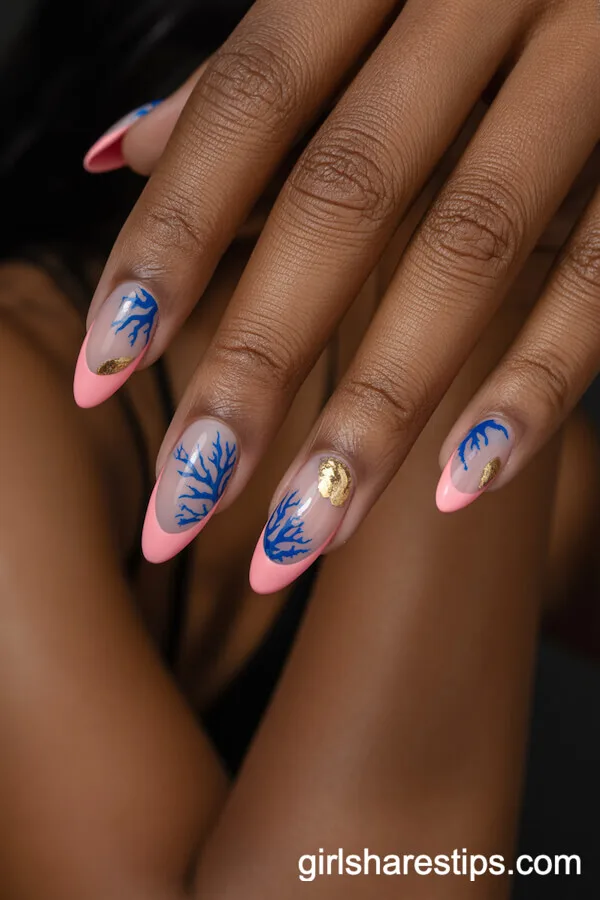 Oval Nails with Pink Tips and Blue Coral Patterns with Gold Foil