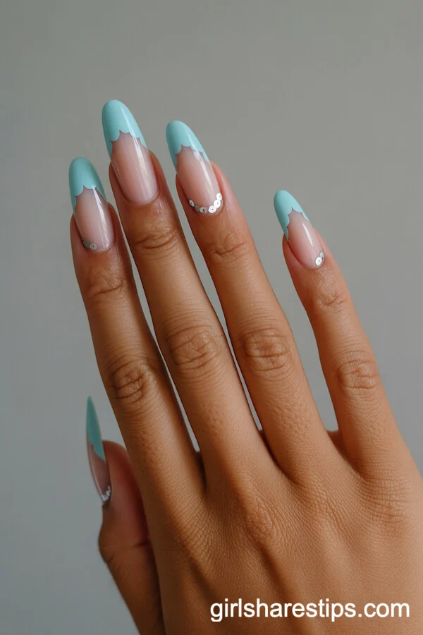 Mint Blue Scallop-Edged Nails with Silver Sequins