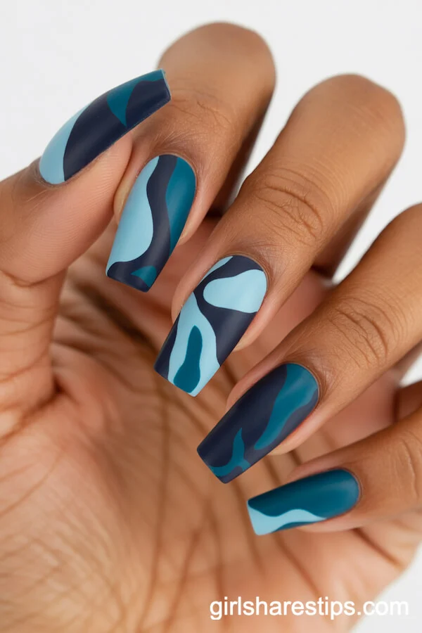 Coffin Nails with Abstract Tropical Leaf Patterns in Blue and Matte Finish