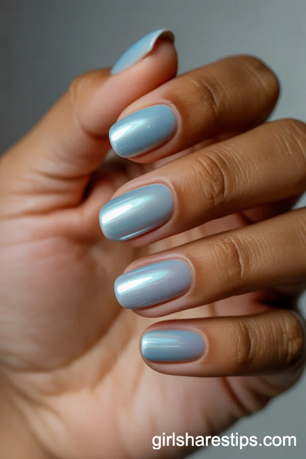 Ballerina-Shaped Pearl Blue Chrome Nails with Ocean Light Shimmer