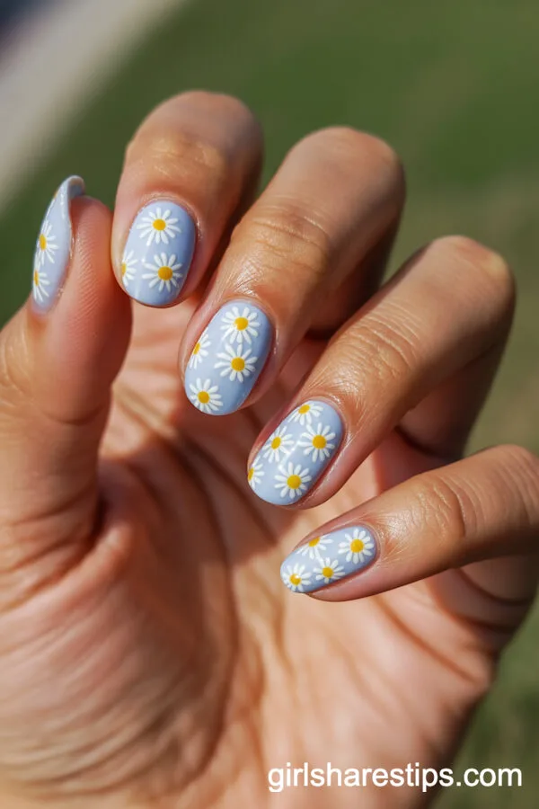 Short Oval Nails with Pastel Blue Base and Tiny White Beach Daisies