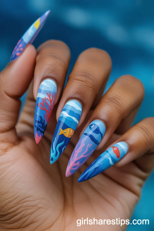 Long Stiletto Nails with Underwater Scenes in Vibrant Blue