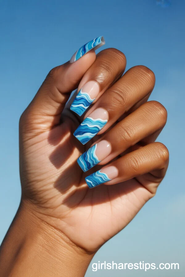 Coffin Nails with Hand-Painted Ocean Waves in Blue Shades