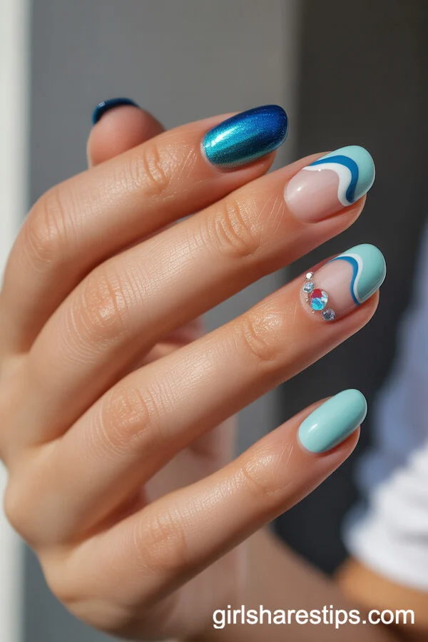 Short Nails with Aurora Blue, Turquoise, Ocean Accents and Crystal Rhinestones