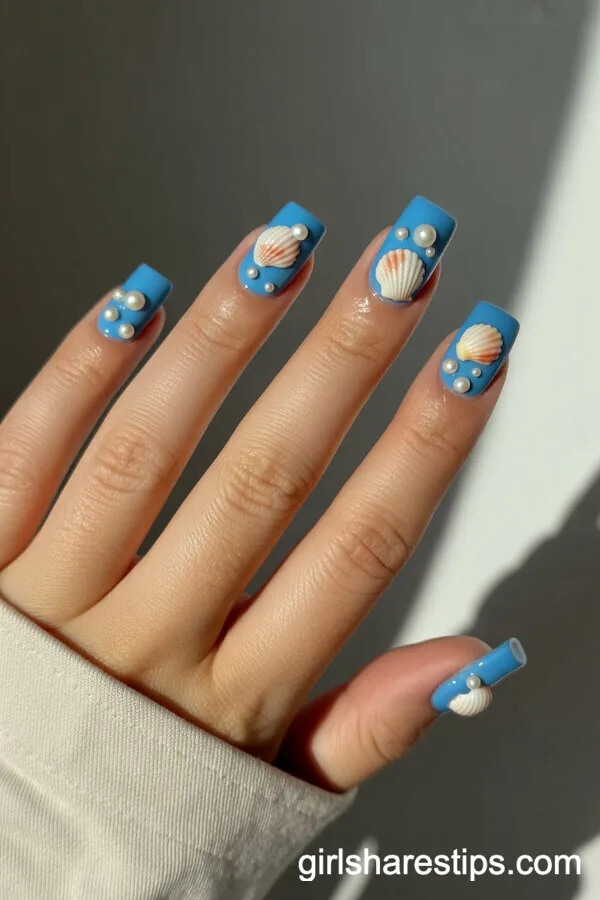 Square Blue Nails with 3D Seashell and Pearl Beach Embellishments