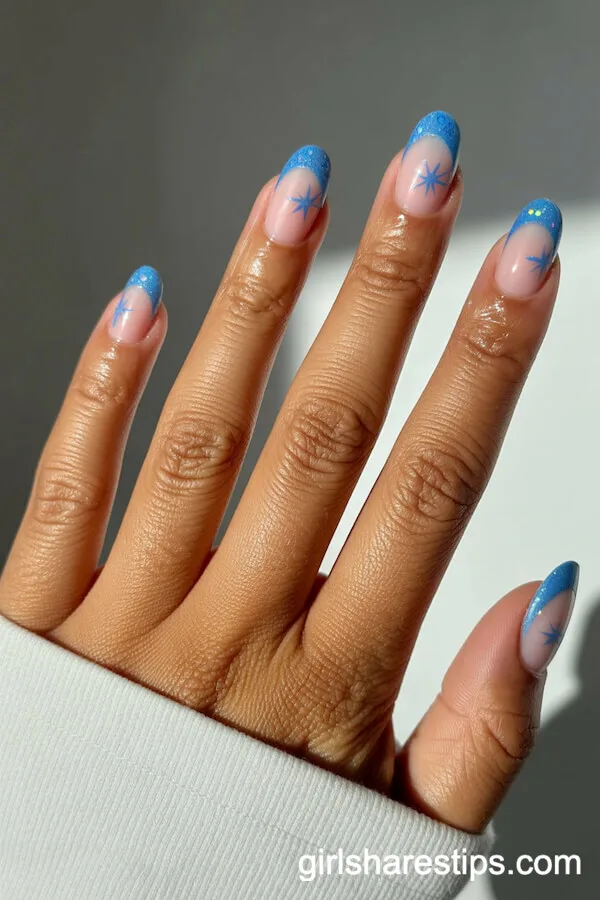 Short Round Nails with Blue Glitter French Tips and Sea Star Decals