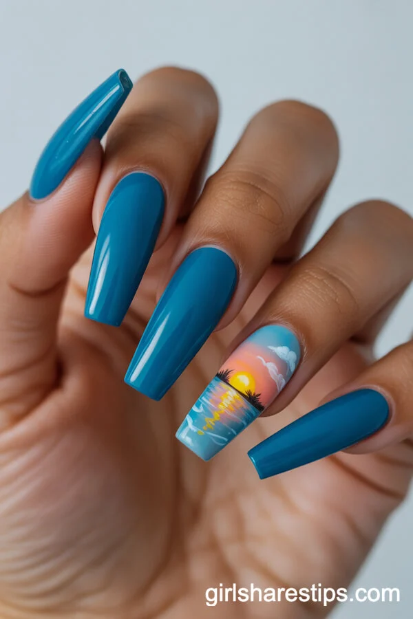 Long Coffin Nails in Turquoise Blue with Sunset Beach Accent