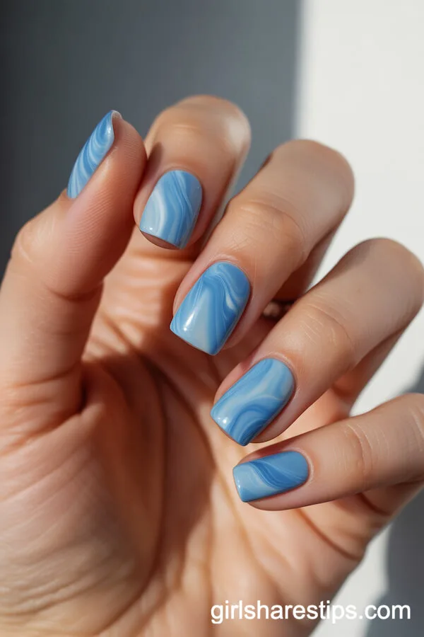 Square Blue Nails with Sky and Ocean Blue Marble Effect