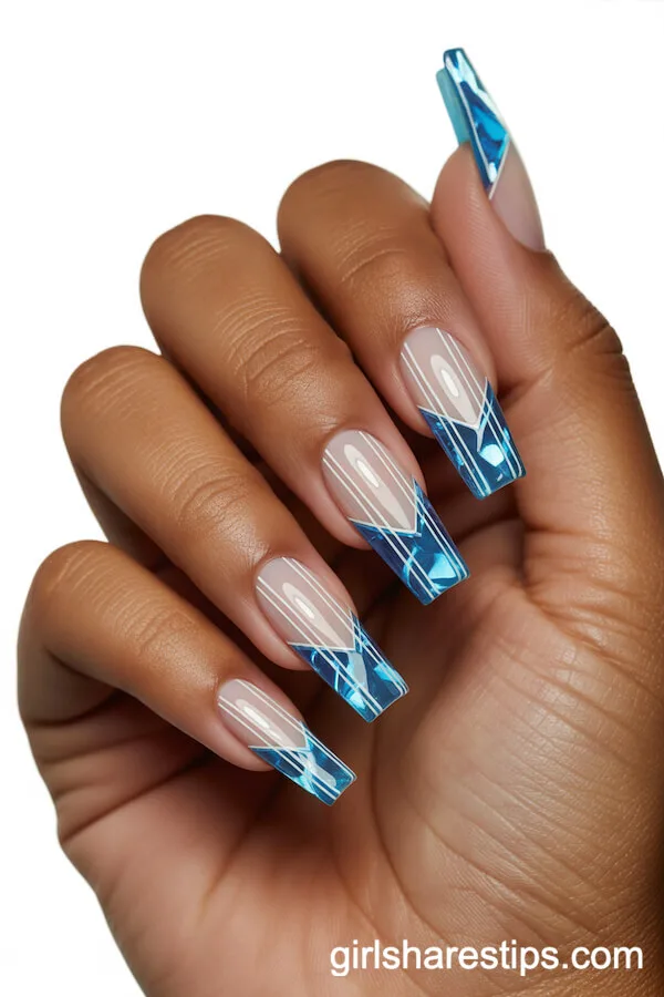 Coffin Nails with Blue Beach Glass Geometric Accents and Negative Space Lines