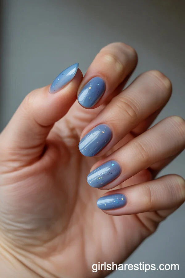 Jelly Blue Nails with Iridescent Glitter and Sheer Finish