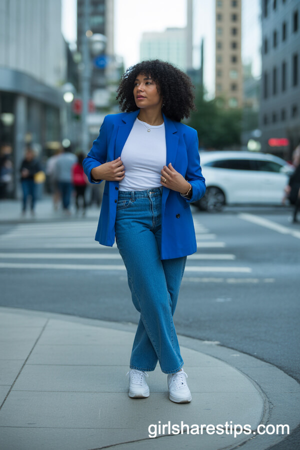 Blue Blazer with White Tee and Jeans: Effortless Urban Sidewalk Look