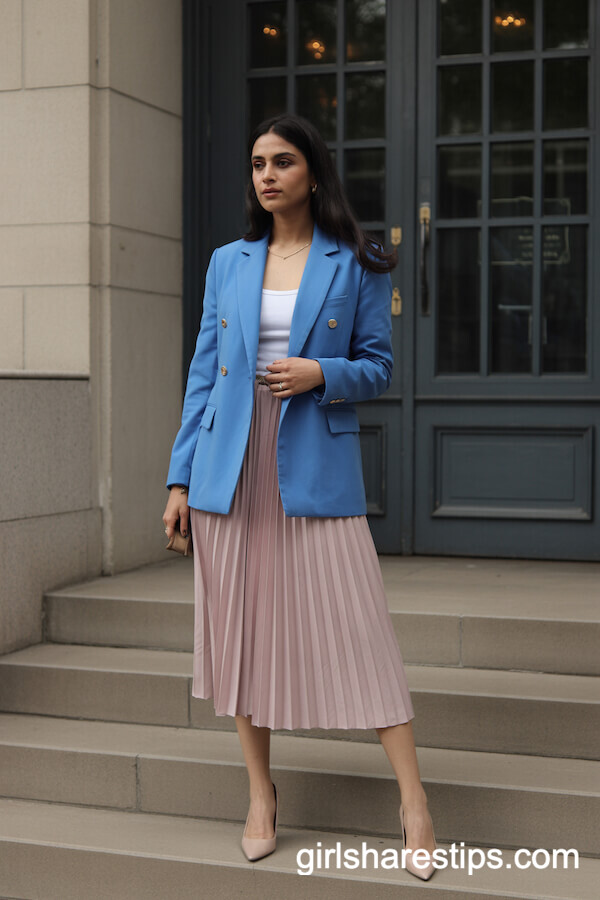 Blue Blazer with Pink Pleated Midi Skirt: Museum Steps Feminine Chic