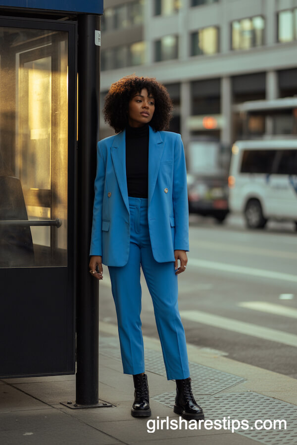 Blue Blazer Over Black Turtleneck and Tailored Pants: Elegant Bus Stop Look