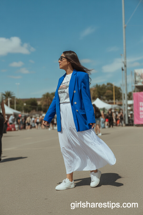Blue Blazer with Maxi Skirt and Graphic Tee: Art Festival Street Style
