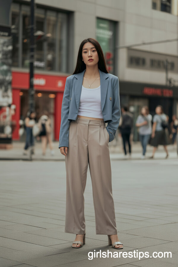 Cropped Blue Blazer and High-Waisted Beige Trousers: Shopping District Power Look