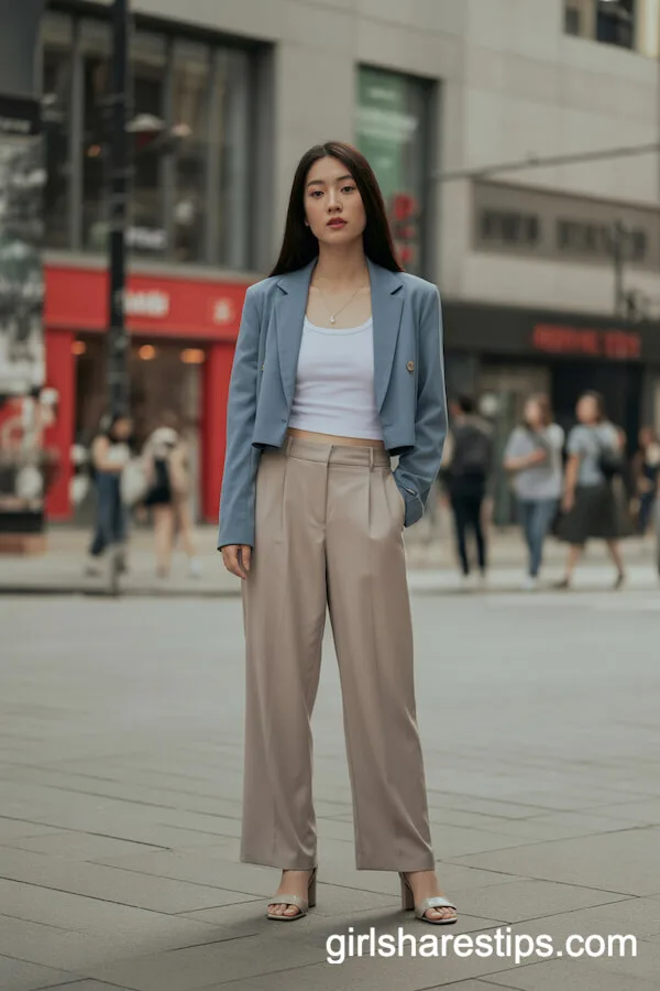 Cropped Blue Blazer and High-Waisted Beige Trousers: Shopping District Power Look