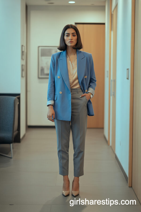 Double-Breasted Blue Blazer and Grey Slacks: Modern Business Casual Ensemble