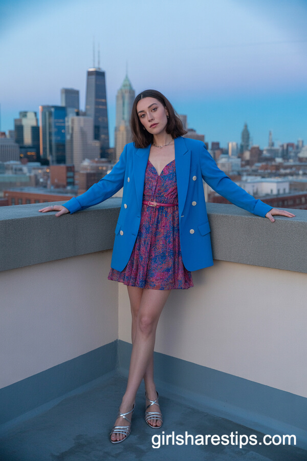 Blue Blazer Over Printed Mini Dress: Vibrant Rooftop City Outfit