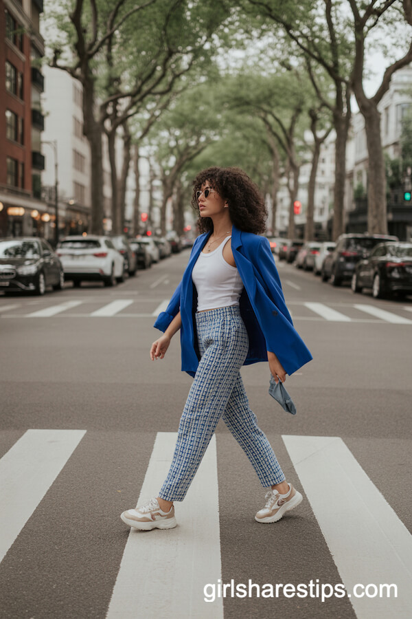 Blue Blazer with Patterned Trousers and Sneakers: Chic Neighborhood Crossing