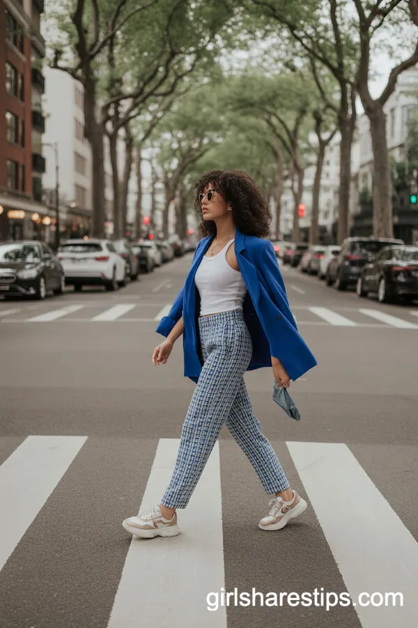 Blue Blazer with Patterned Trousers and Sneakers: Chic Neighborhood Crossing