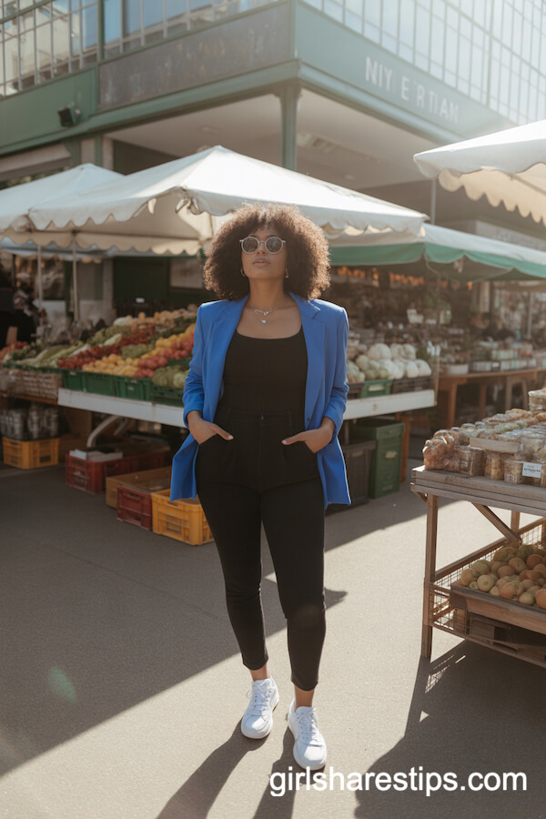 Blue Blazer Over Black Jumpsuit and Sneakers: Laid-Back Farmer’s Market Outfit
